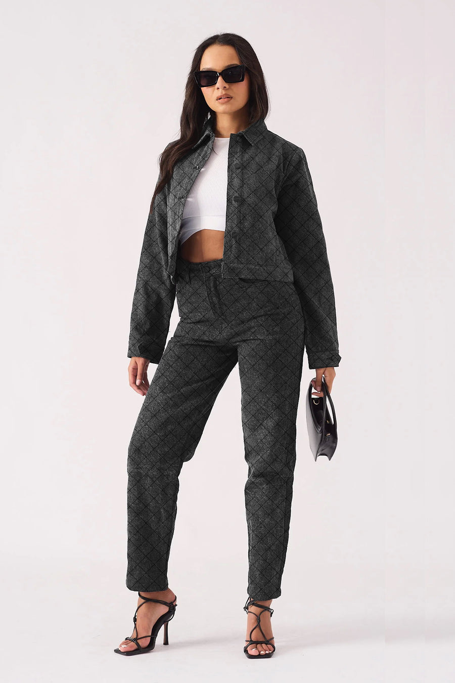 DIAMOND STITCH CROP DENIM  JACKET  - BLACK ACID WASH -  Women's Cropped Denim Jackets