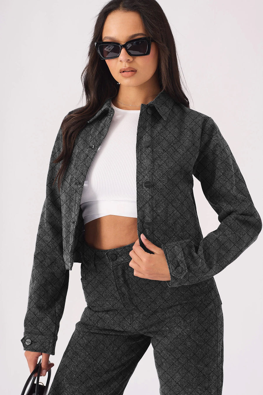 DIAMOND STITCH CROP DENIM  JACKET  - BLACK ACID WASH -  Women's Cropped Denim Jackets