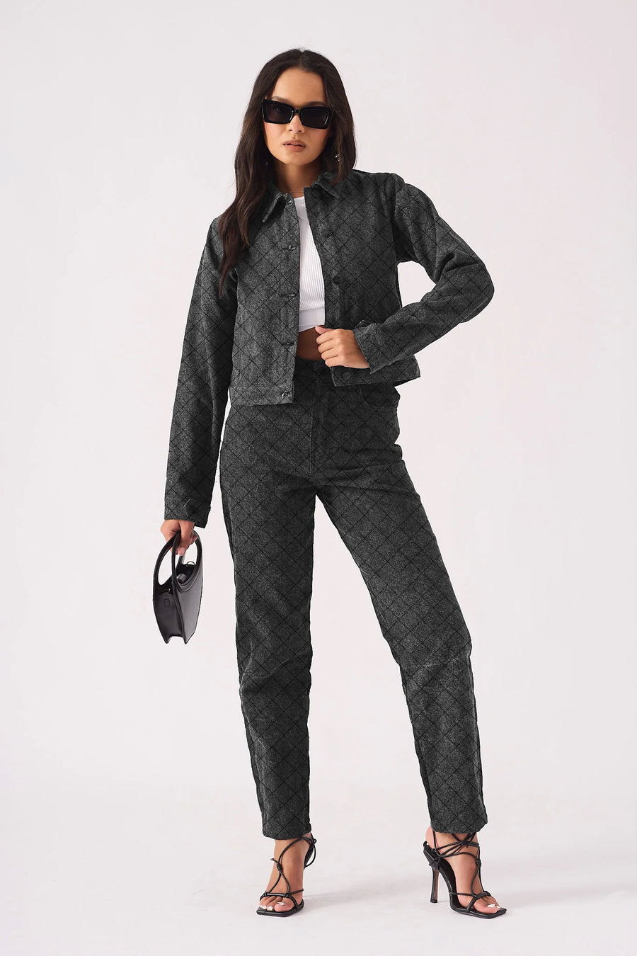DIAMOND STITCH CROP DENIM  JACKET  - BLACK ACID WASH -  Women's Cropped Denim Jackets