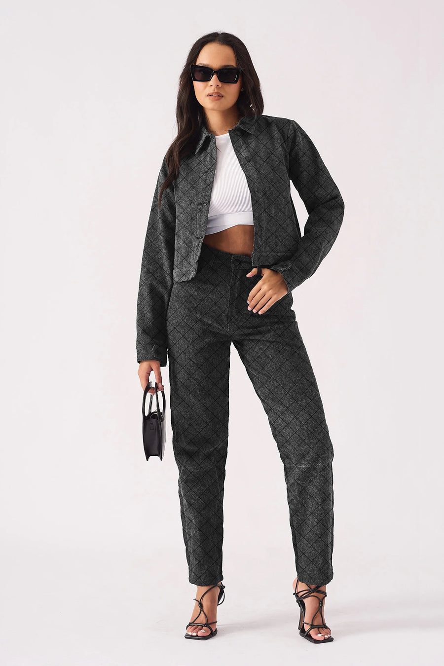 DIAMOND STITCH CROP DENIM  JACKET  - BLACK ACID WASH -  Women's Cropped Denim Jackets