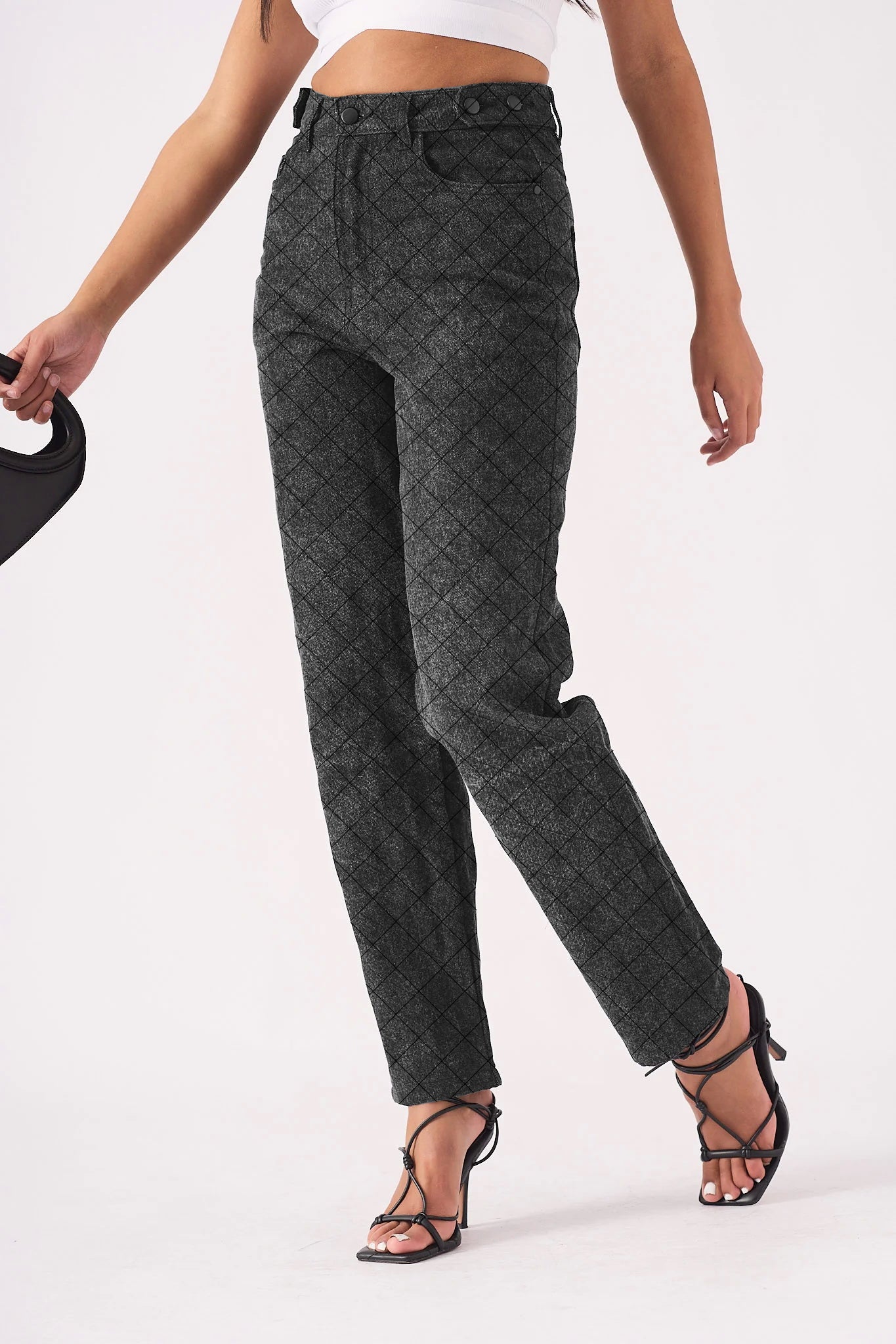 DIAMOND STITCH STRAIGHT LEG JEANS - BLACK ACID WASH -  Women's Straight Leg Jeans