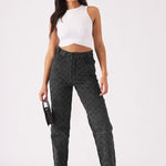 DIAMOND STITCH STRAIGHT LEG JEANS - BLACK ACID WASH -  Women's Straight Leg Jeans