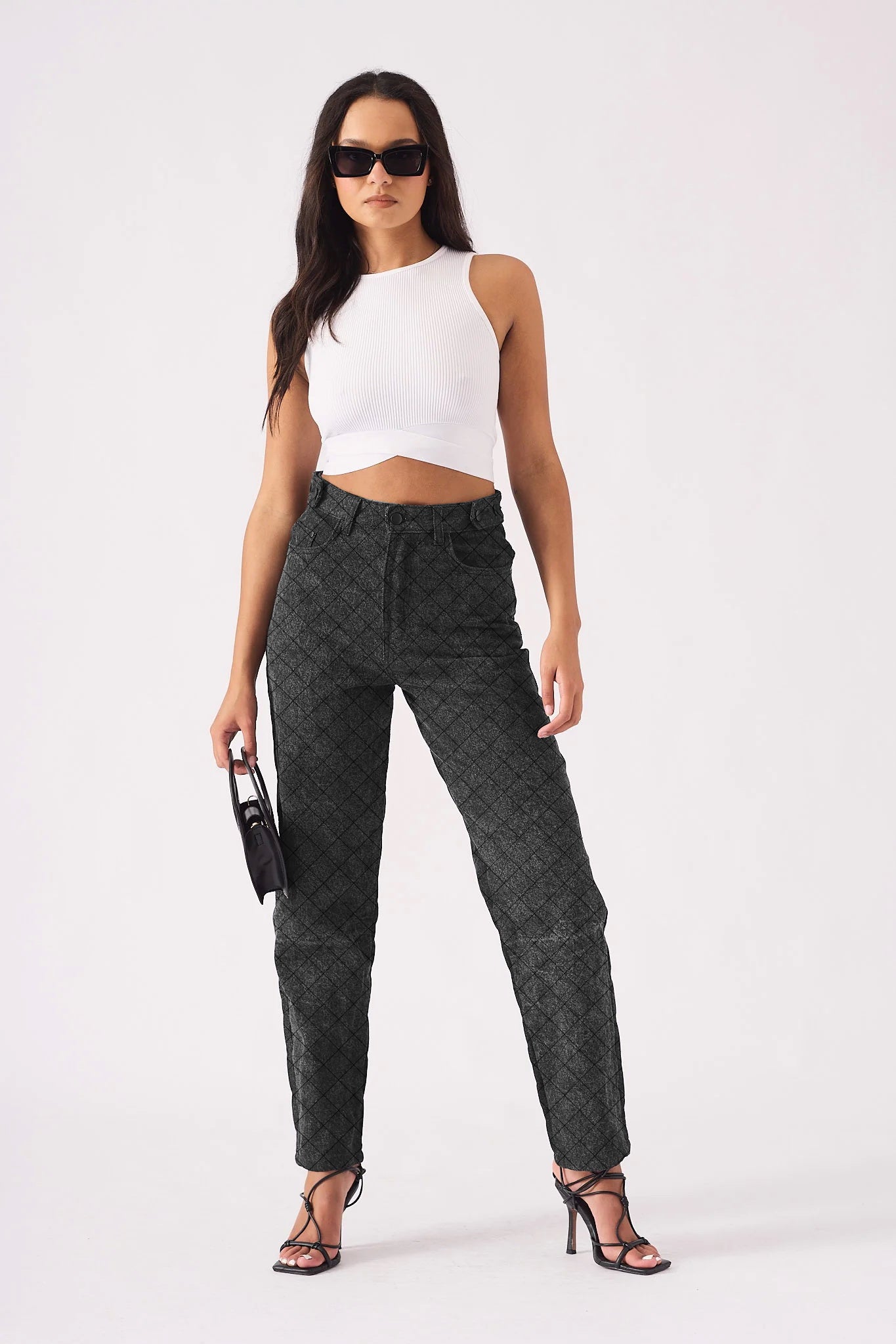 DIAMOND STITCH STRAIGHT LEG JEANS - BLACK ACID WASH -  Women's Straight Leg Jeans