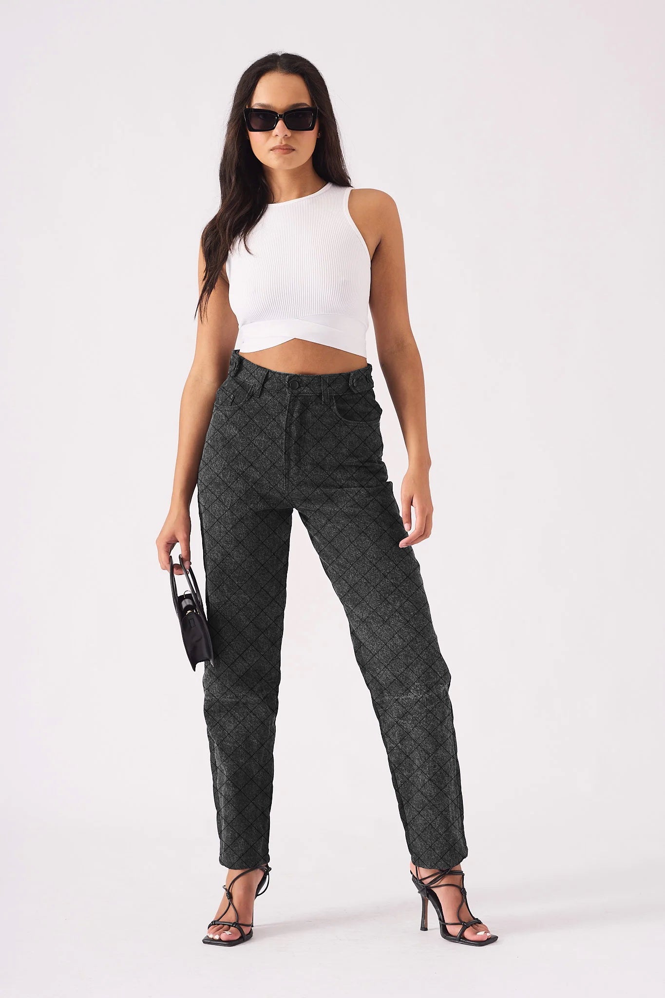 DIAMOND STITCH STRAIGHT LEG JEANS - BLACK ACID WASH -  Women's Straight Leg Jeans