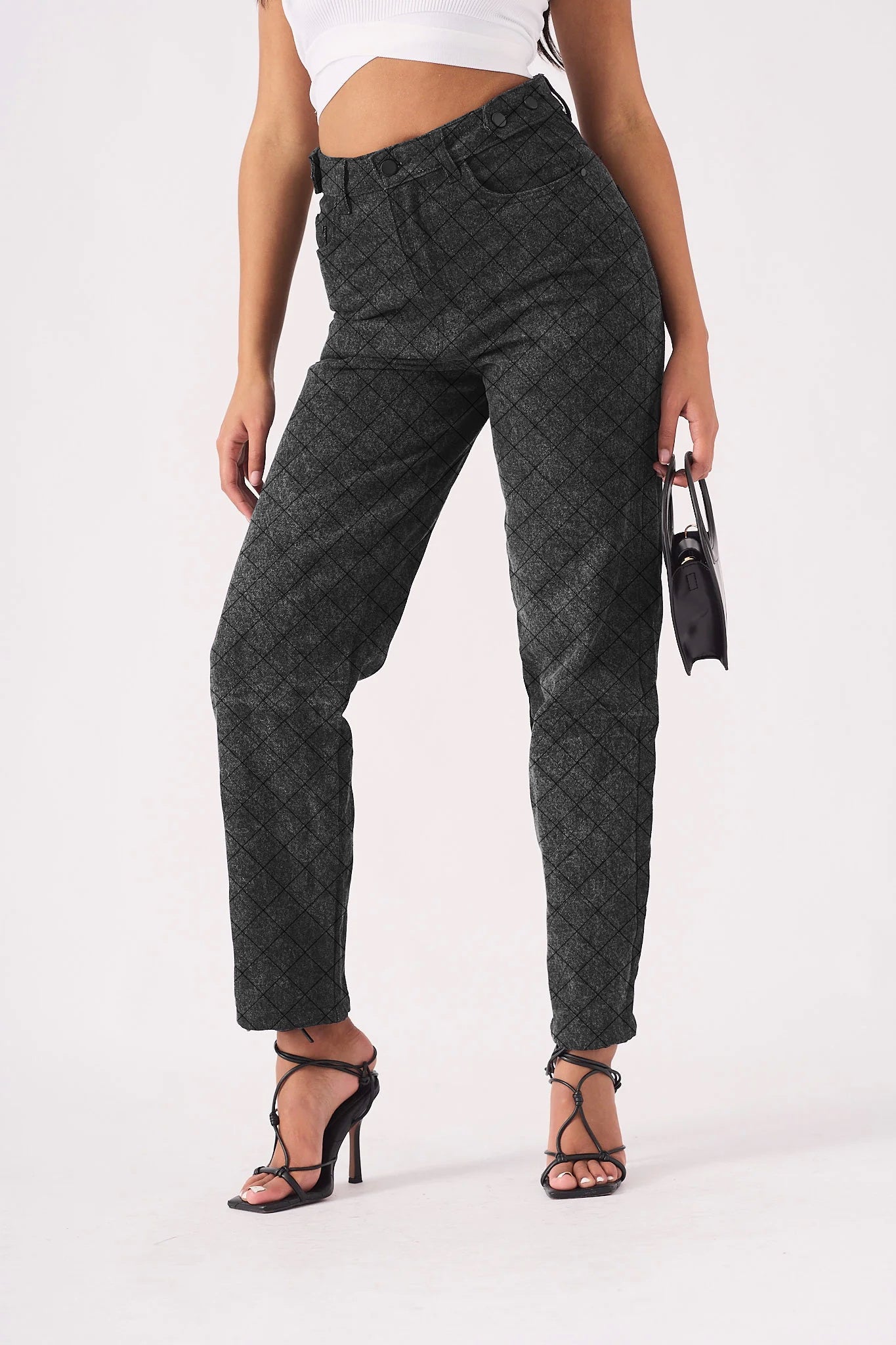 DIAMOND STITCH STRAIGHT LEG JEANS - BLACK ACID WASH -  Women's Straight Leg Jeans