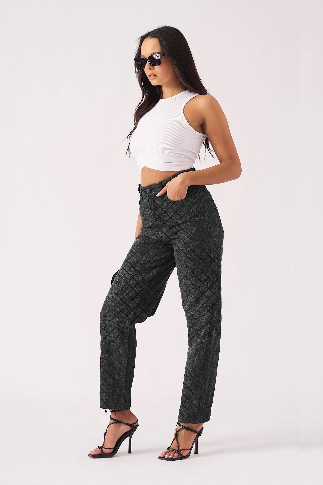 DIAMOND STITCH STRAIGHT LEG JEANS - BLACK ACID WASH -  Women's Straight Leg Jeans