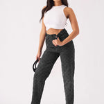 DIAMOND STITCH STRAIGHT LEG JEANS - BLACK ACID WASH -  Women's Straight Leg Jeans