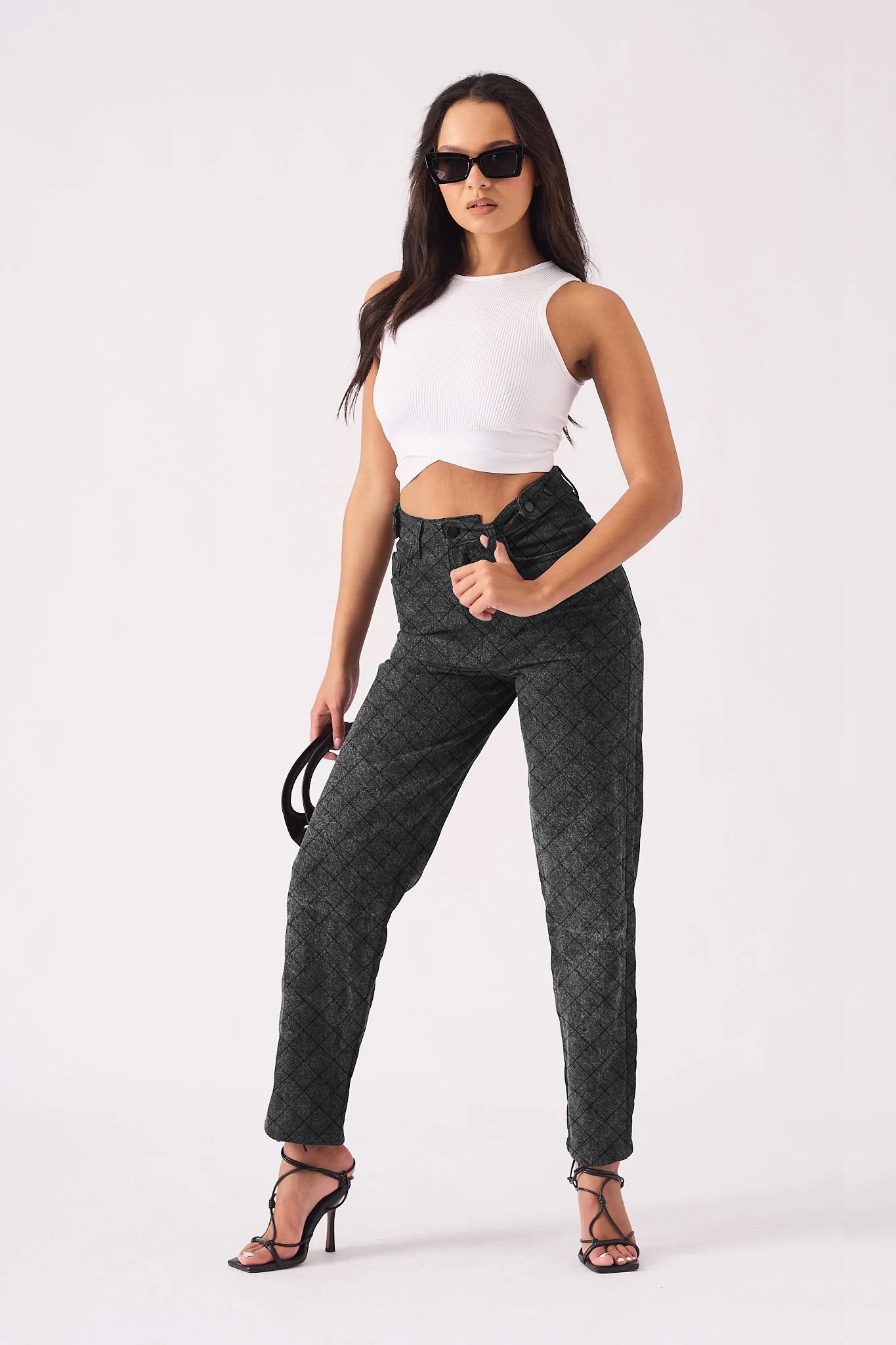 DIAMOND STITCH STRAIGHT LEG JEANS - BLACK ACID WASH -  Women's Straight Leg Jeans