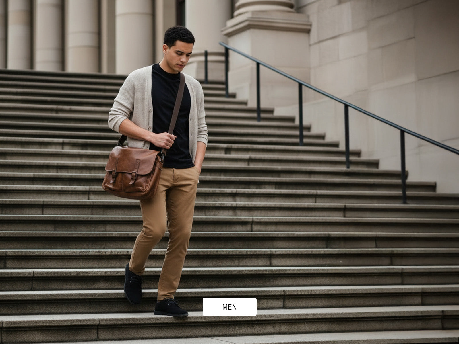 Man standing on a set of stairs holding a brown leather bag, wearing a gray cardigan and beige pants.