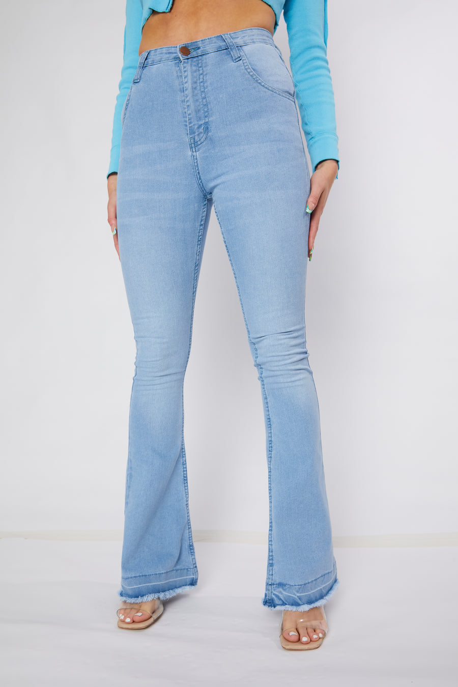 ELARA High Waisted Stretch Flare Jeans - Light Blue Wash -  Women's Flare Jeans