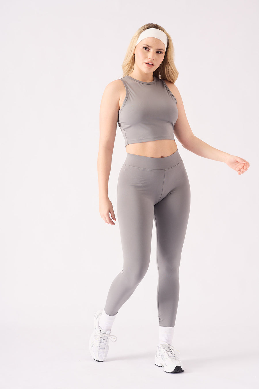 ESSENTIAL RACER NECK CROP TOP - GREY -  Women's Athleisure Crop Top
