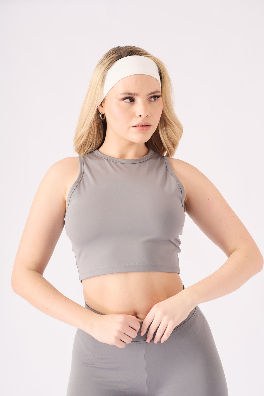 ESSENTIAL RACER NECK CROP TOP - GREY -  Women's Athleisure Crop Top
