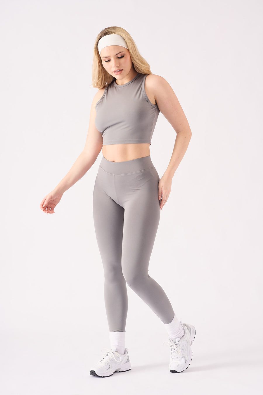 ESSENTIAL RACER NECK CROP TOP - GREY -  Women's Athleisure Crop Top