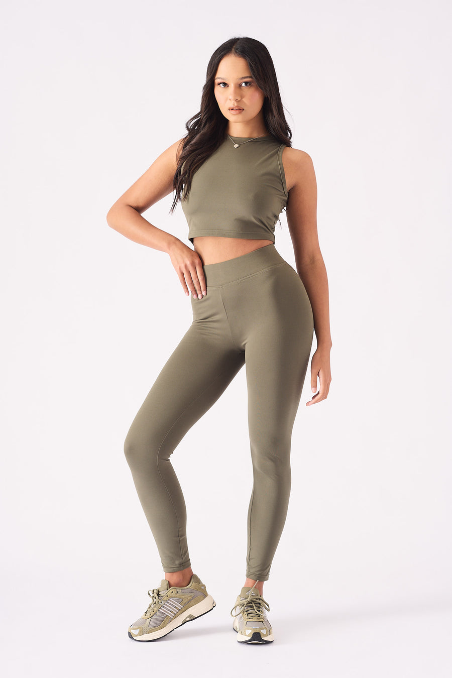 ESSENTIAL RACER NECK CROP  TOP  - KHAKI -  Women's Athleisure Crop Top