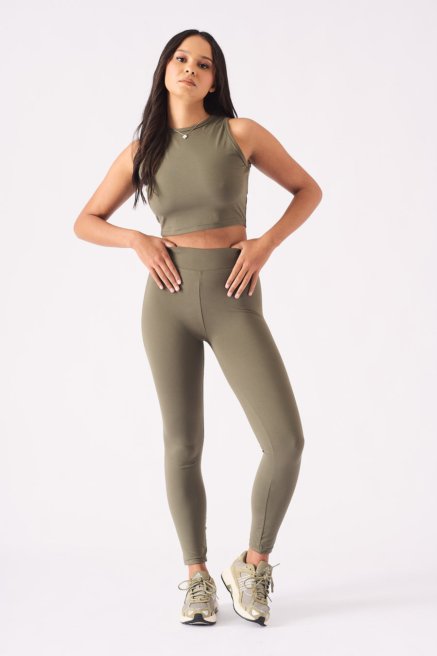 ESSENTIAL RACER NECK CROP  TOP  - KHAKI -  Women's Athleisure Crop Top