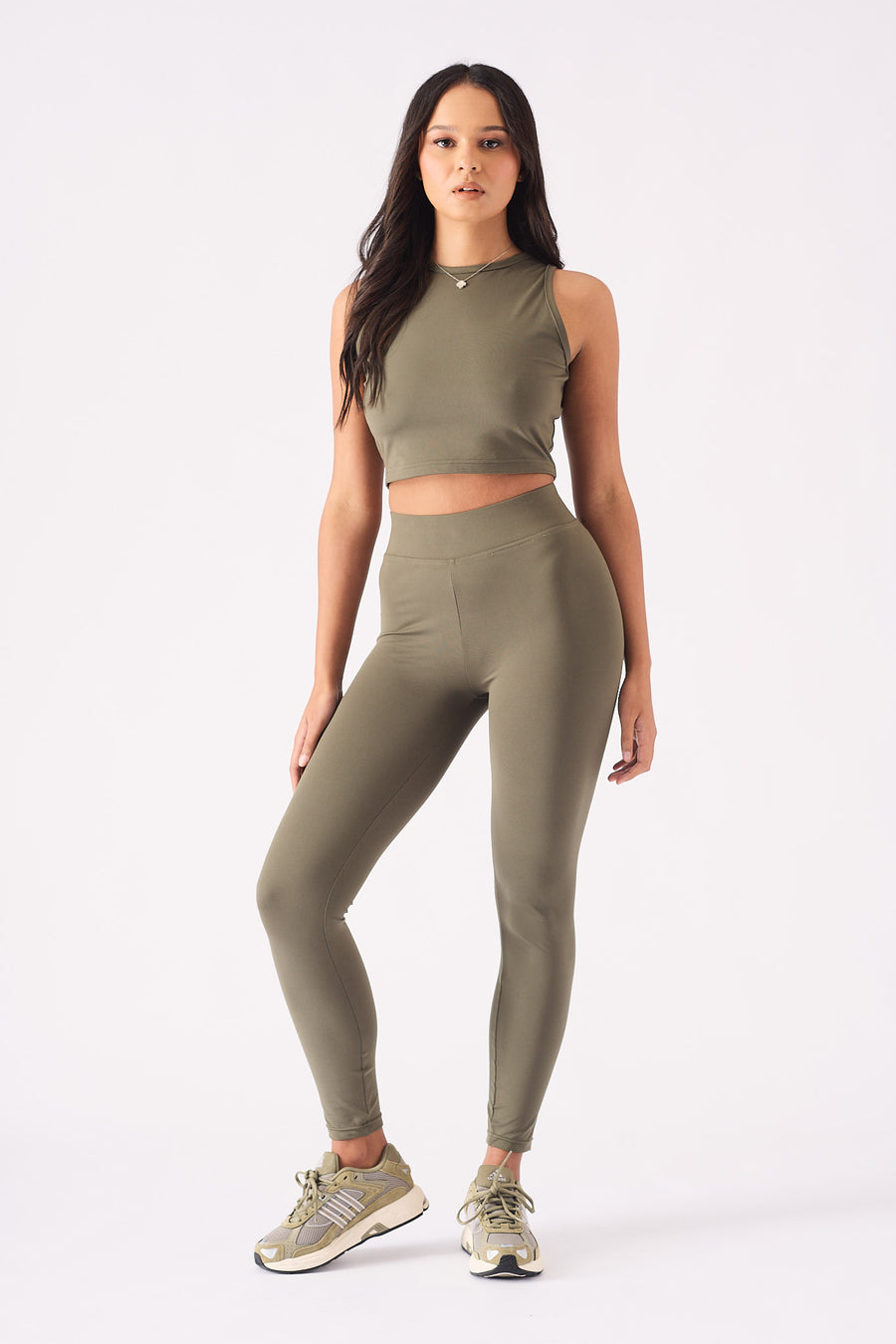 ESSENTIAL RACER NECK CROP  TOP  - KHAKI -  Women's Athleisure Crop Top