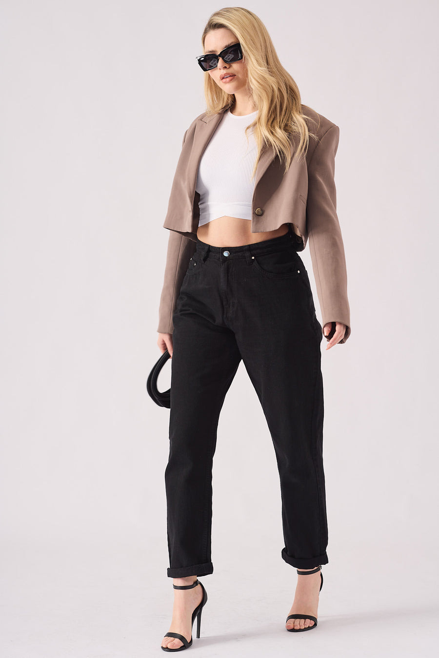 Evora High Waisted Turn Up Straight Leg Jeans - Black -  Women's Straight Leg Jeans