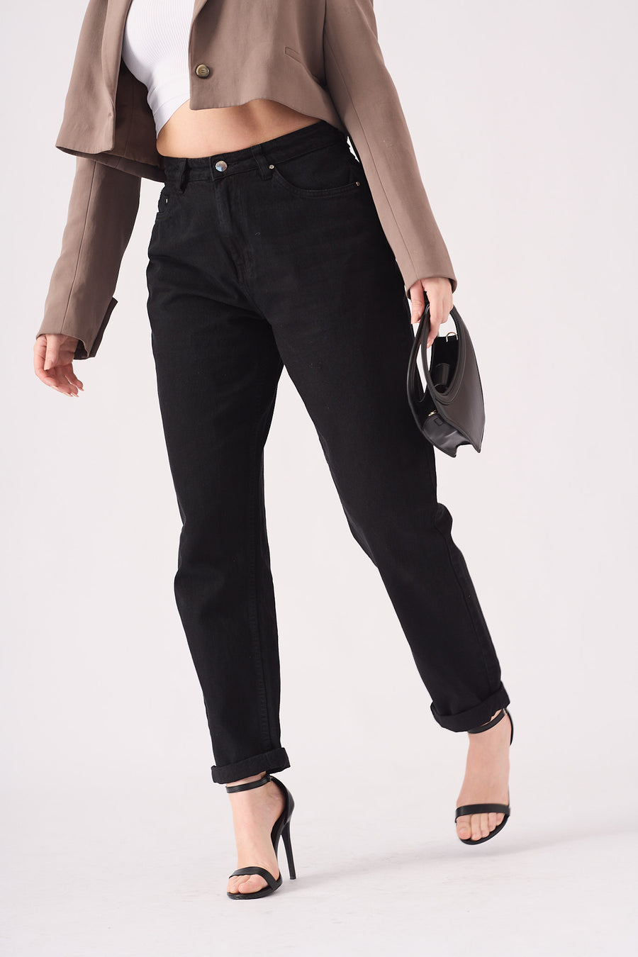 Evora High Waisted Turn Up Straight Leg Jeans - Black -  Women's Straight Leg Jeans