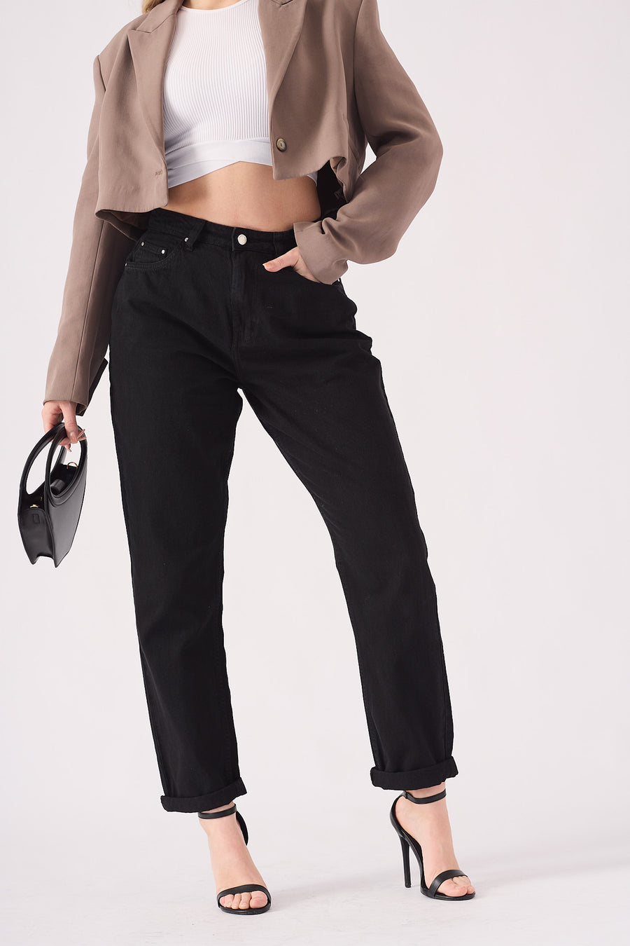 Evora High Waisted Turn Up Straight Leg Jeans - Black -  Women's Straight Leg Jeans