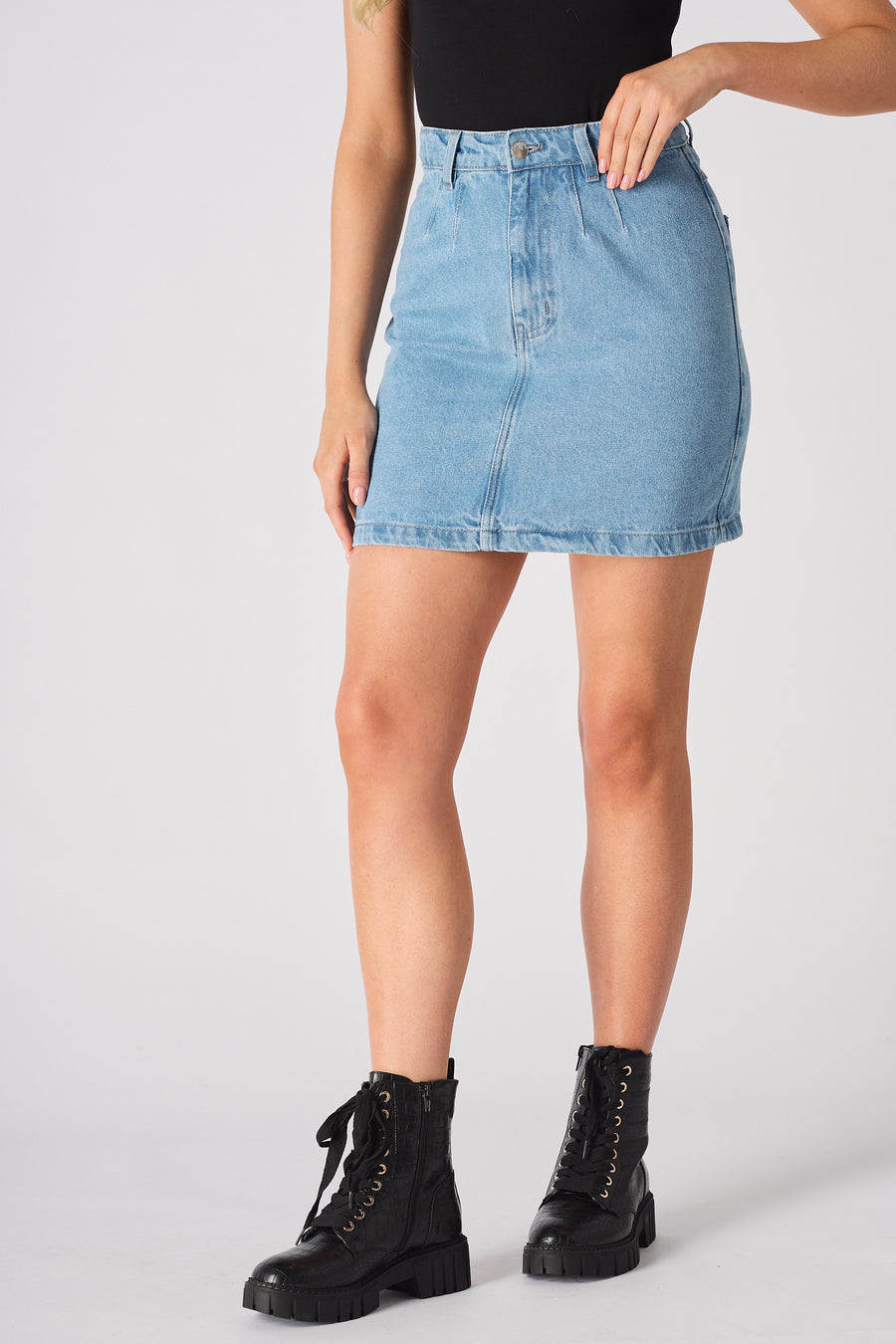 HIGH WAISTED MINI DENIM SKIRT - LIGHT BLUE WASH -  Women's Denim Skirts