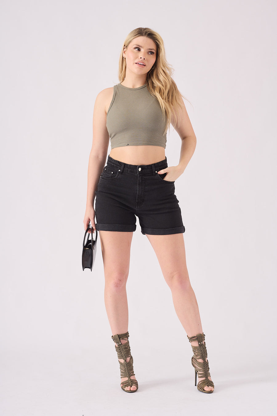 HIGH WAISTED TURN UP DENIM SHORTS - BLACK WASH -  Women's Denim Shorts