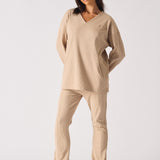 V NECK OVERSIZED JUMPER - BEIGE