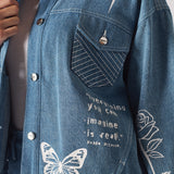 Iris Oversized Tattoo Print Denim Jacket Light Blue