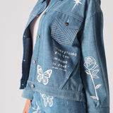 Iris Oversized Tattoo Print Denim Jacket Light Blue