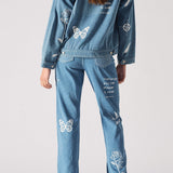 Iris Oversized Tattoo Print Denim Jacket Light Blue