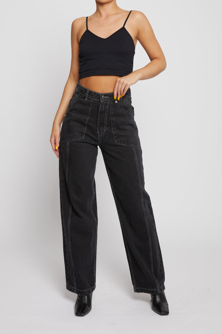 SEAM DETAIL WIDE LEG JEANS - BLACK