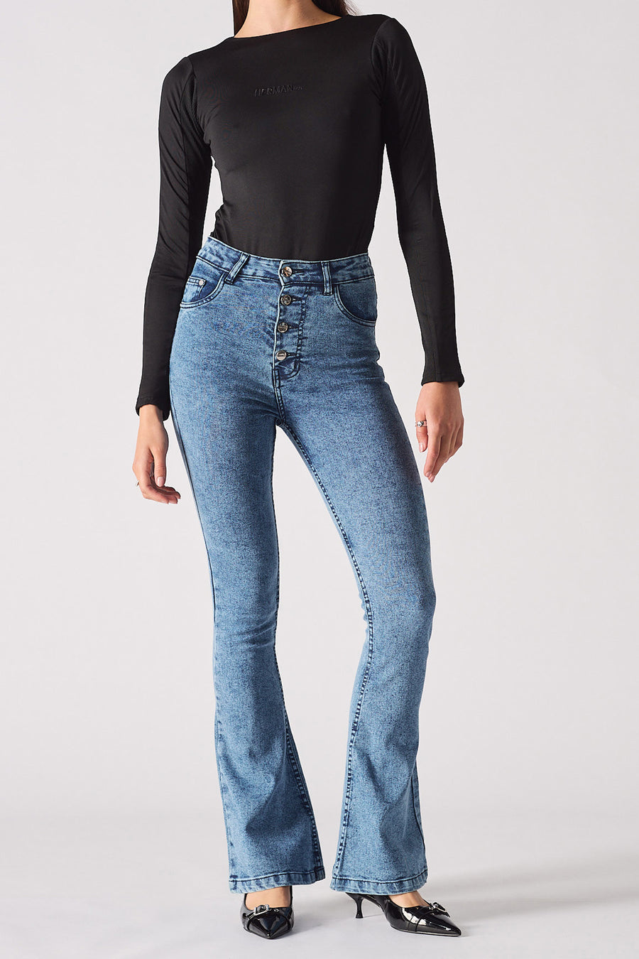 HIGH RISE FLARE JEANS  - BLUE ACID WASH