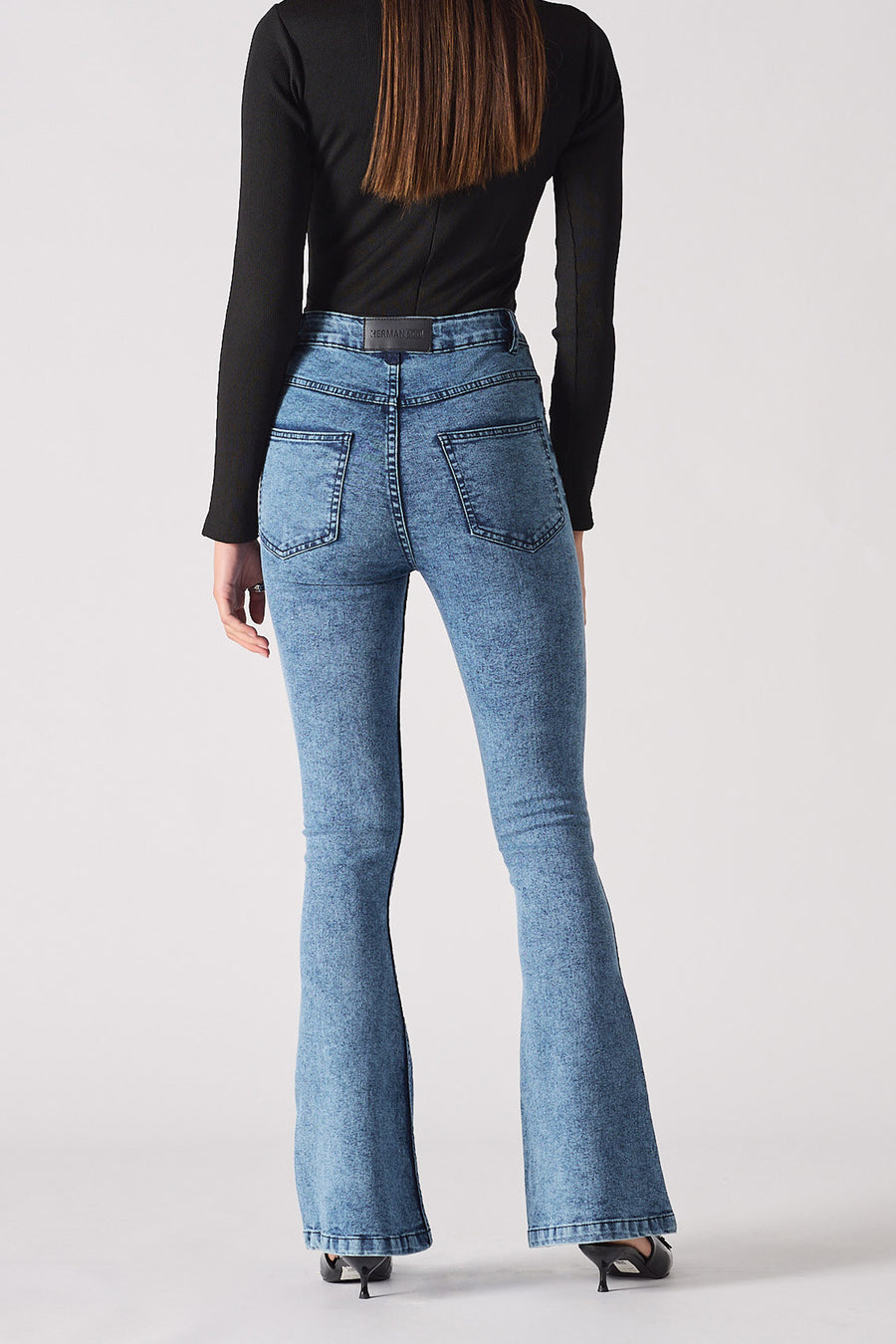 HIGH RISE FLARE JEANS  - BLUE ACID WASH