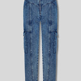 Noir High Waisted Straight Leg Cargo Jeans - Blue