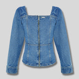 Warden Mid Wash Denim Lace Up Top - Dark Blue