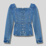Warden Mid Wash Denim Lace Up Top - Dark Blue