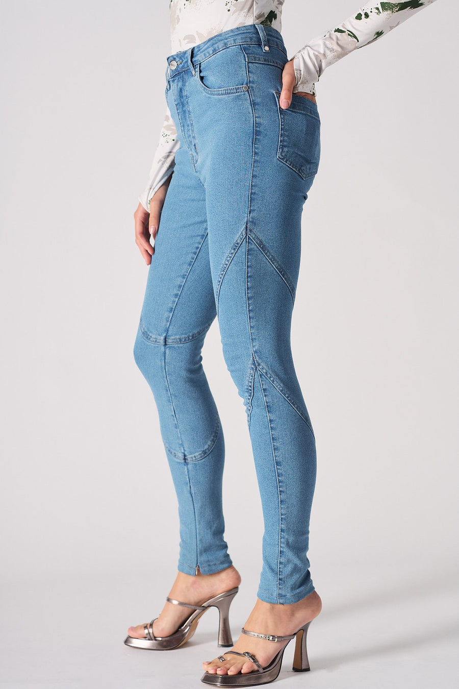 SEAM DETAIL HIGH WAISTED SKINNY JEANS - BLUE