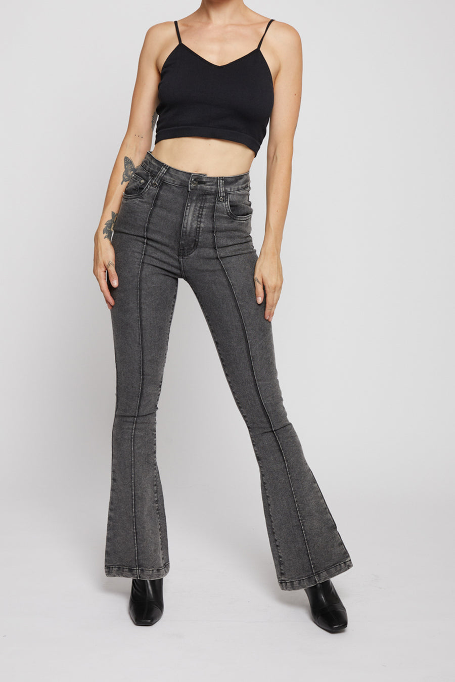 PINTUCK HIGH RISE FLARE JEANS - BLACK ACID WASH