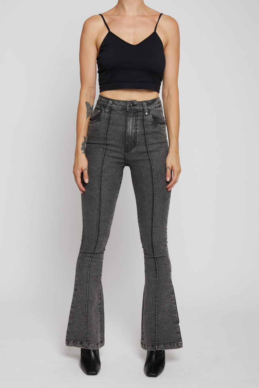 PINTUCK HIGH RISE FLARE JEANS - BLACK ACID WASH