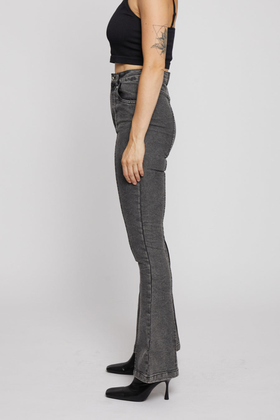 PINTUCK HIGH RISE FLARE JEANS - BLACK ACID WASH