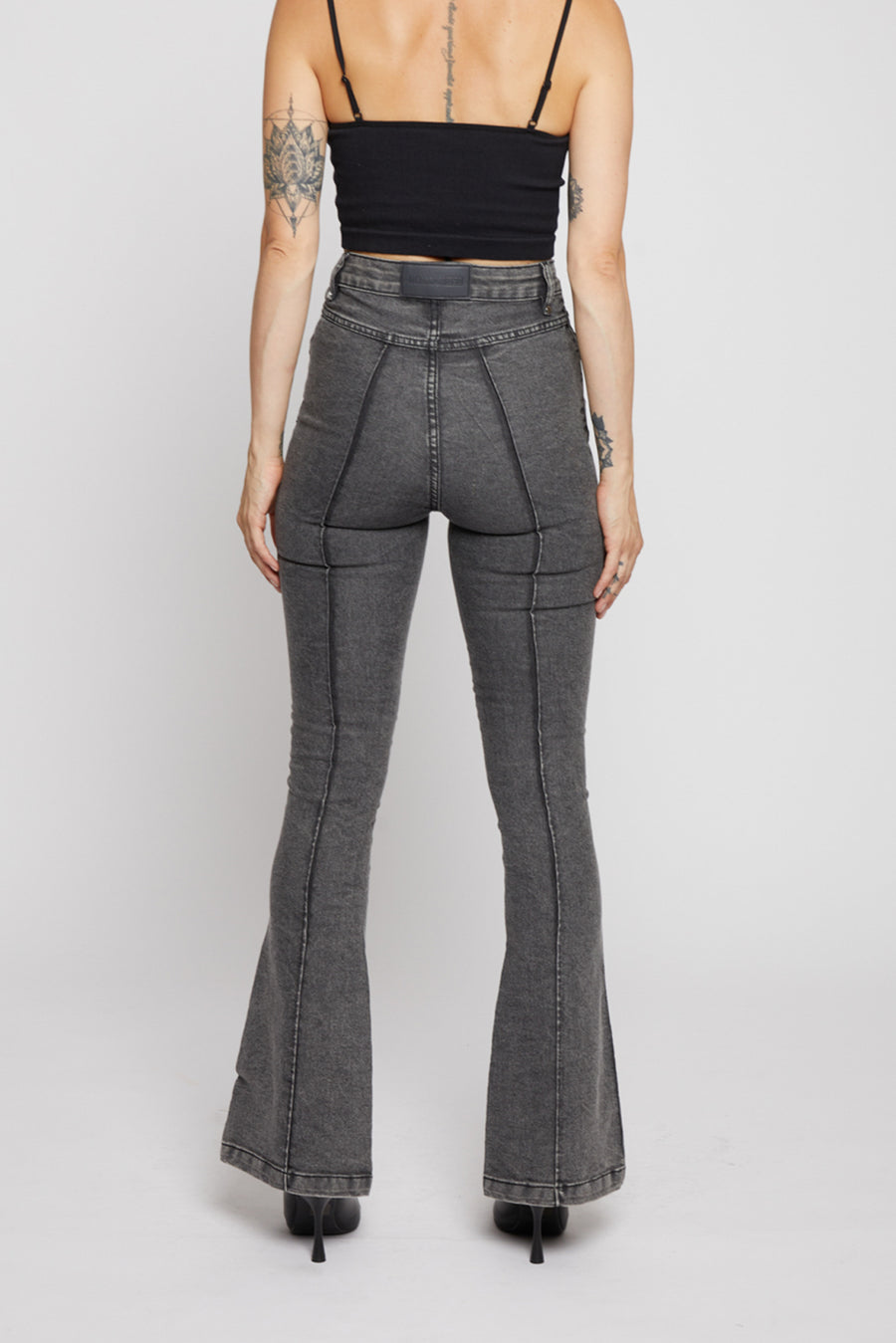 PINTUCK HIGH RISE FLARE JEANS - BLACK ACID WASH