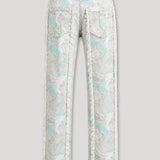 Noor Printed Straight Leg Jeans Frayed Seam - Light Green
