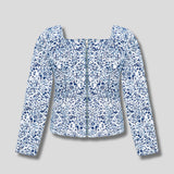 Timber Marble Print Lace Up Top Long Sleeve - Navy Blue
