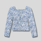 Timber Marble Print Lace Up Top Long Sleeve - Navy Blue