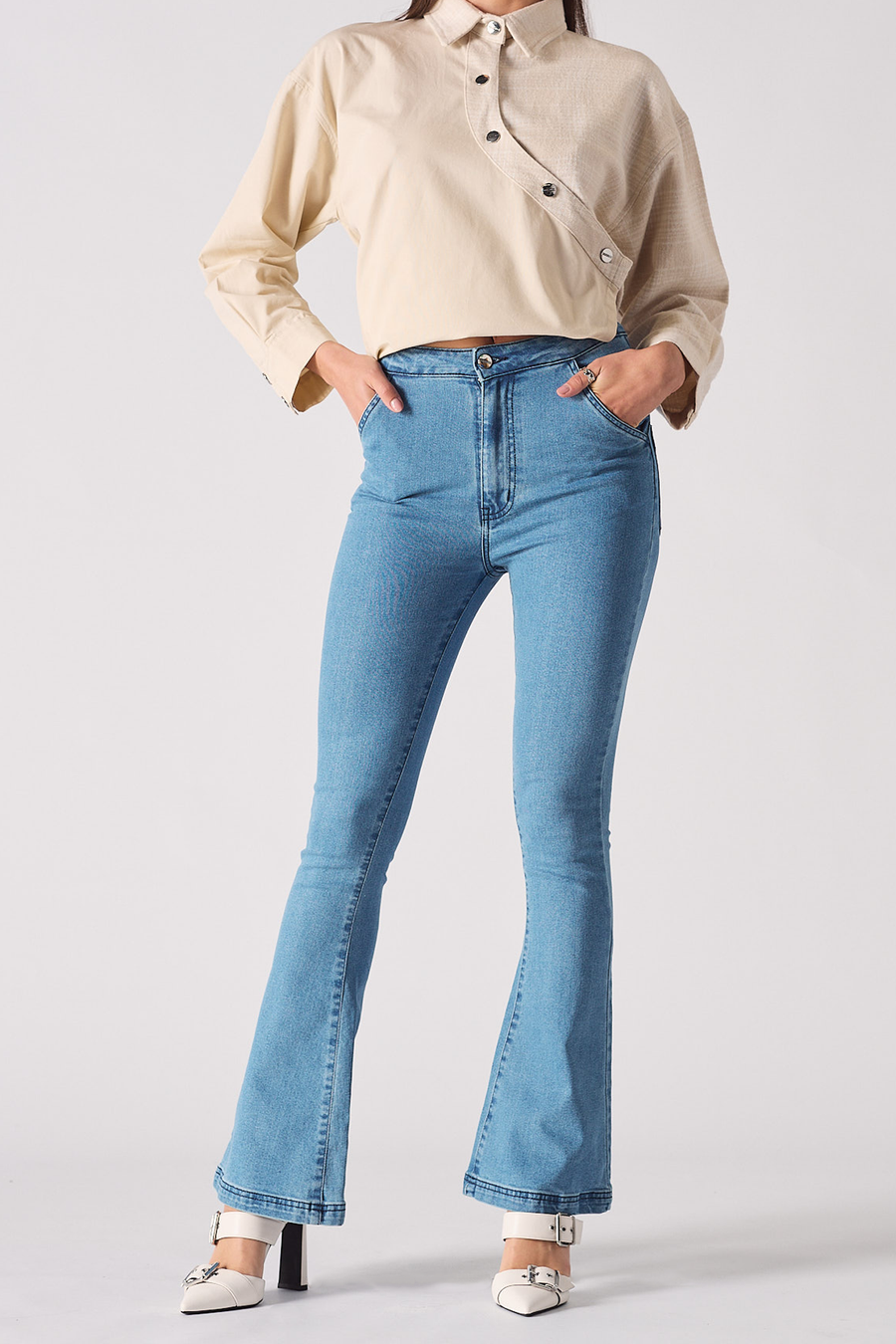 HIGH WAISTED FLARE JEANS WITH INTERNAL WAIST ADJUSTERS - BLUE