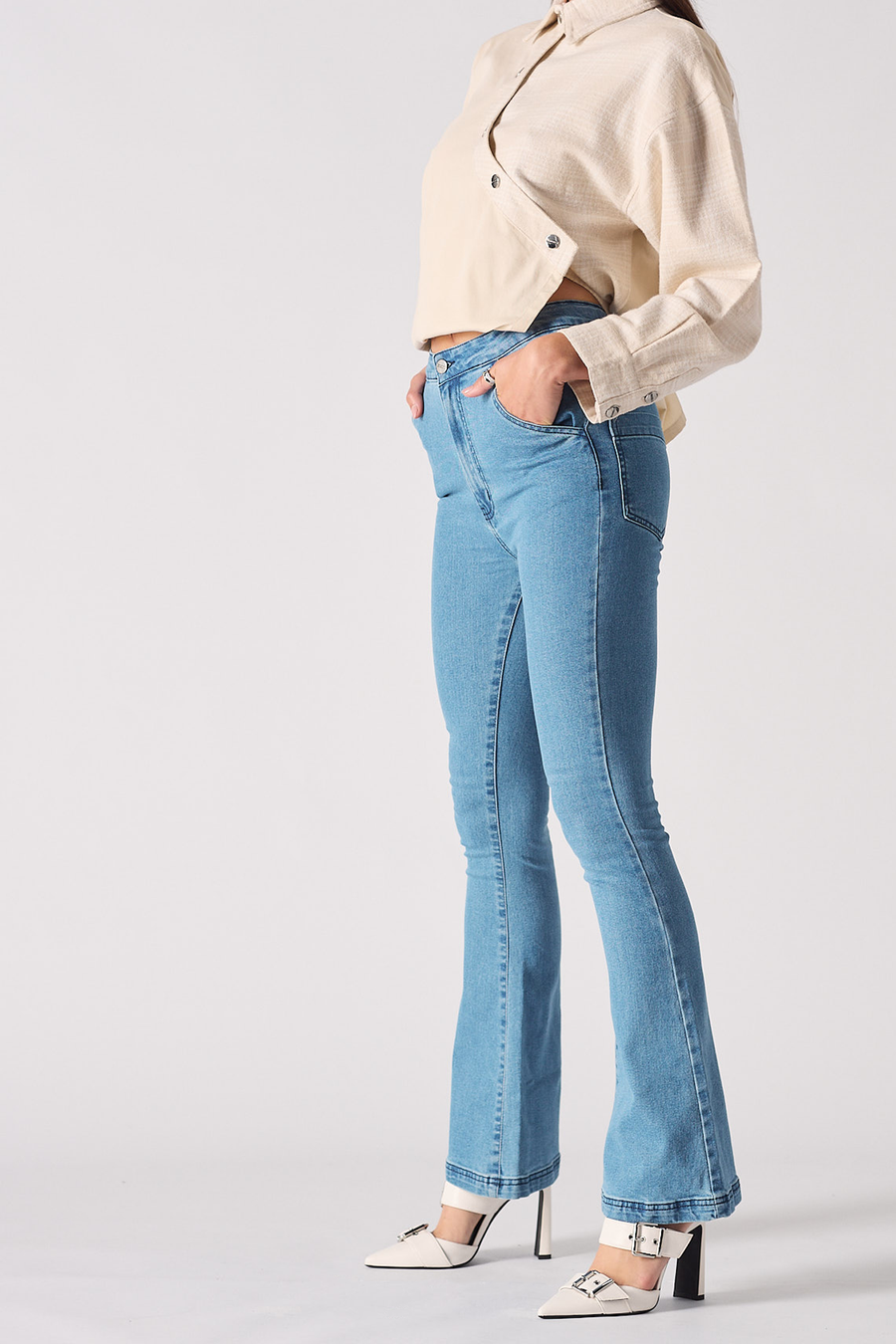 HIGH WAISTED FLARE JEANS WITH INTERNAL WAIST ADJUSTERS - BLUE