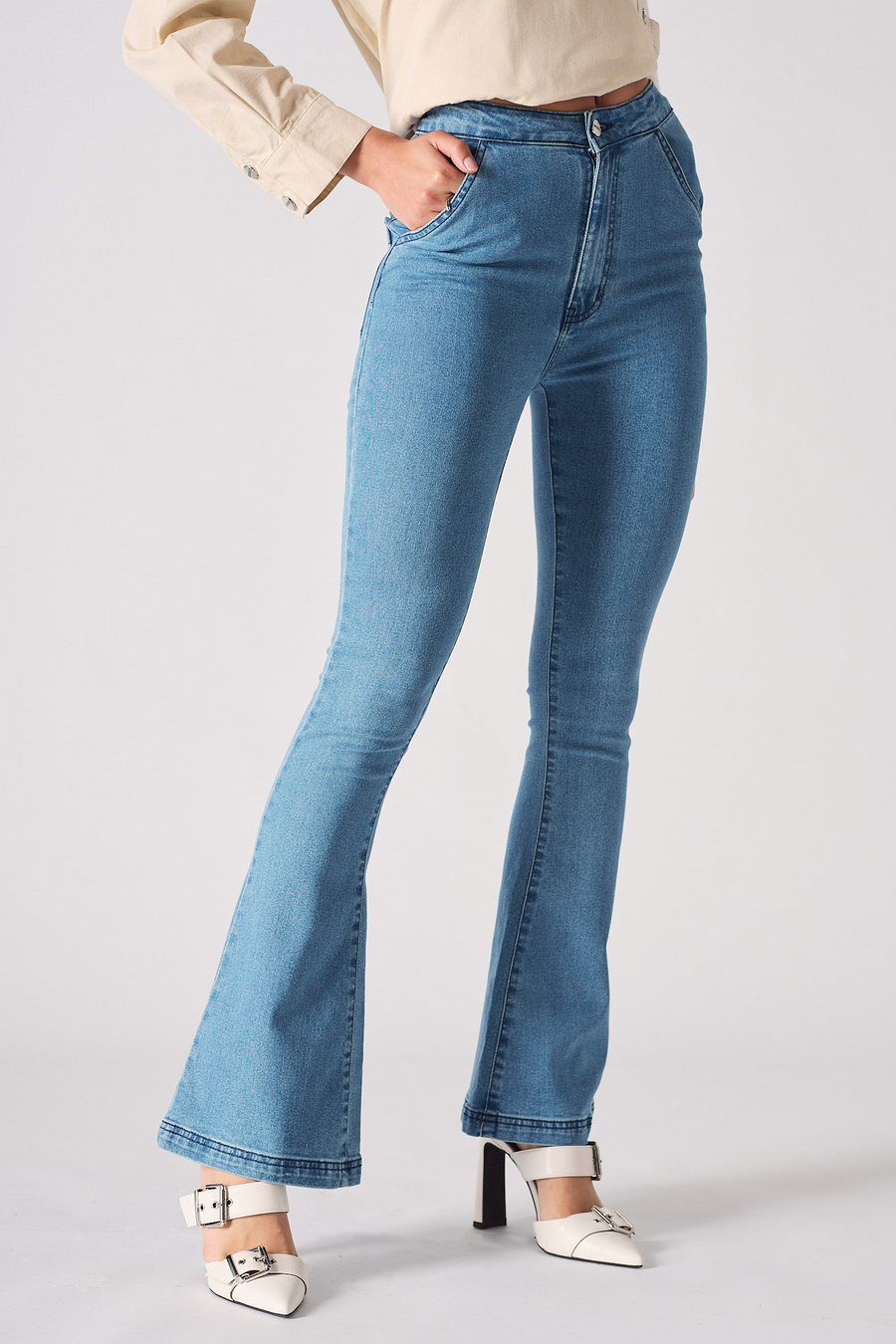 HIGH WAISTED FLARE JEANS WITH INTERNAL WAIST ADJUSTERS - BLUE