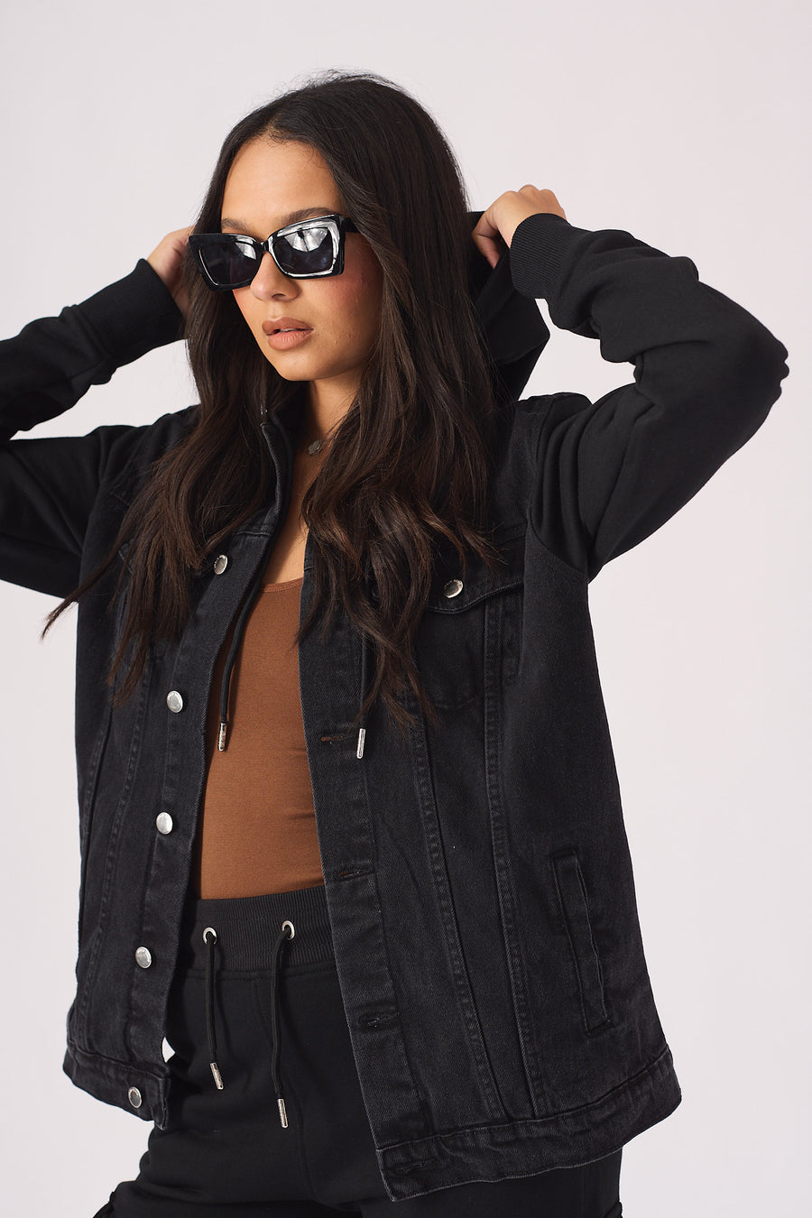 HOODED DENIM JACKET - BLACK WASH -  Women's Fleece Hooded Denim Jackets