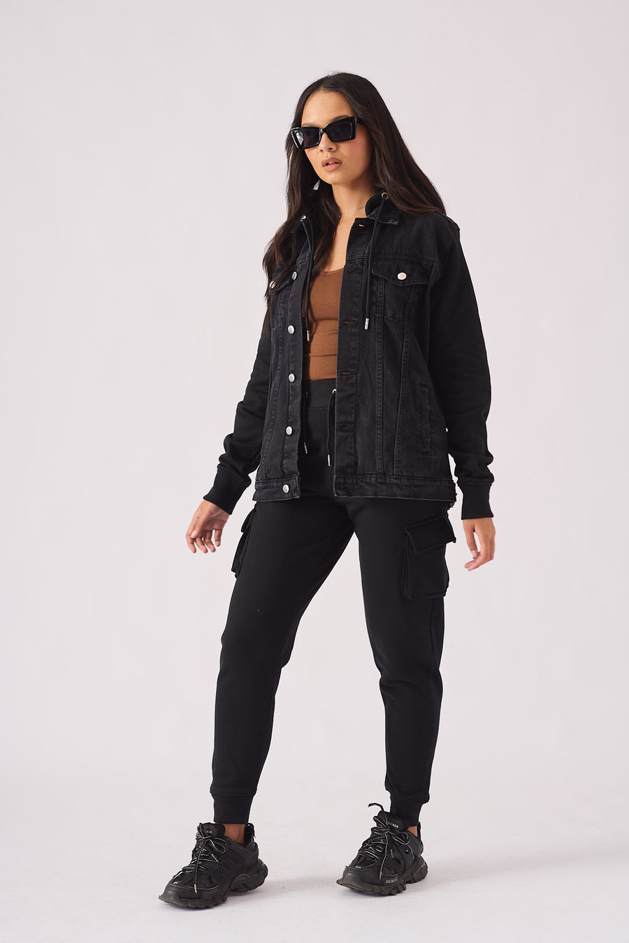 HOODED DENIM JACKET - BLACK WASH -  Women's Fleece Hooded Denim Jackets