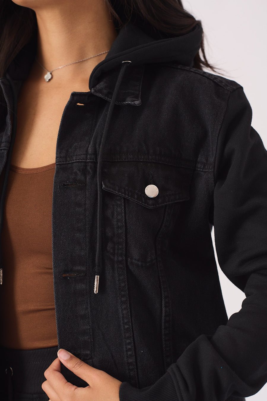 HOODED DENIM JACKET - BLACK WASH -  Women's Fleece Hooded Denim Jackets