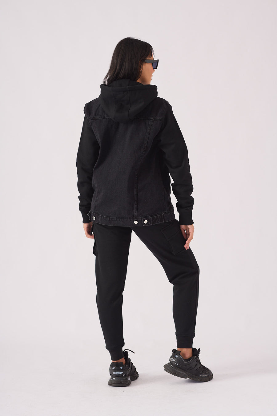HOODED DENIM JACKET - BLACK WASH -  Women's Fleece Hooded Denim Jackets